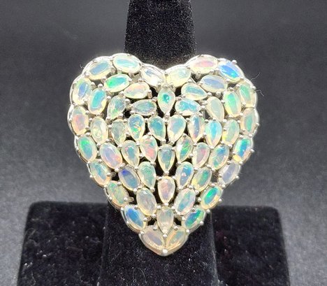 Absolutely Incredible Multi-color Ethiopian Opal Heart Ring In Rhodium Over Sterling