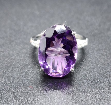 Large Purple Amethyst & White Zircon, Rhodium Over Sterling Ring