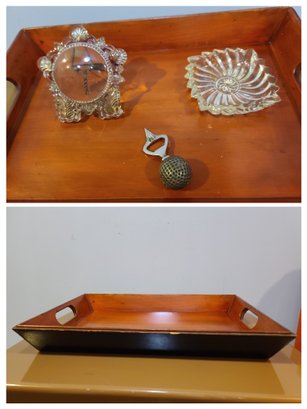 Wooden Tray With Golf Ball Bottle Opener, Vintage Glass Frame And Ashtray