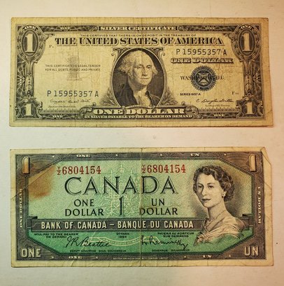 Great Lot Of A 1957 Silver Certicate US Dollar & 1954 Canadian Dollar