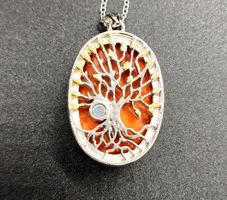 Mojave Orange Turquoise Tree Of Life Pendant Necklace In 14k Yellow Gold & Platinum Over Copper With Magnet