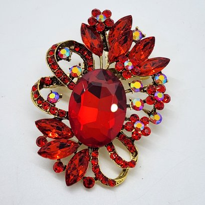 Red Austrian Crystal, Red Glass Brooch In Gold Tone