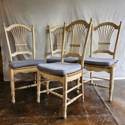 Set Of 4 Wood And Wicker Chairs With Cushions