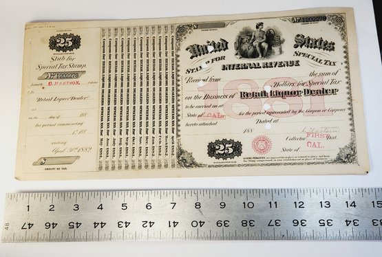 ANTIQUE  US 1881 $25 Internal Revenue Special Tax Liquor Dealer Stamp Sheet RARE