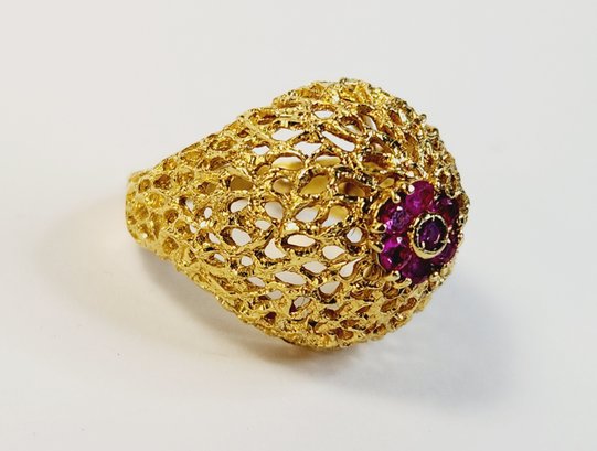 Magnificent 14k Yellow Gold Ruby Ornate Dome Cluster Ring (hand Made)