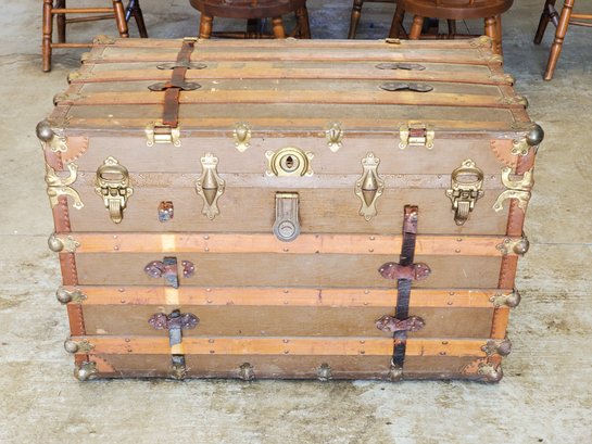 Antique Wood Leather & Steel Steamer Trunk Chest With Insert