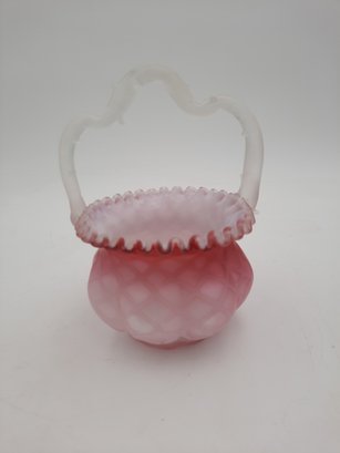 Antique Satin Glass Basket- Quilted Pattern- Attributed To Webb Glass Company