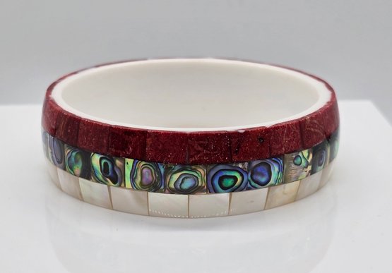 Mother Of Pearl, Abalone And Coral Shell Inlay With Resin Bangle Bracelet
