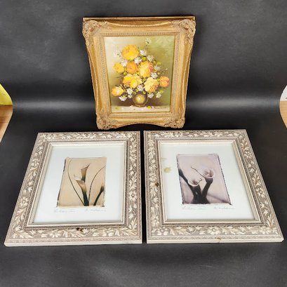 Framed Photographs And A Floral Painting
