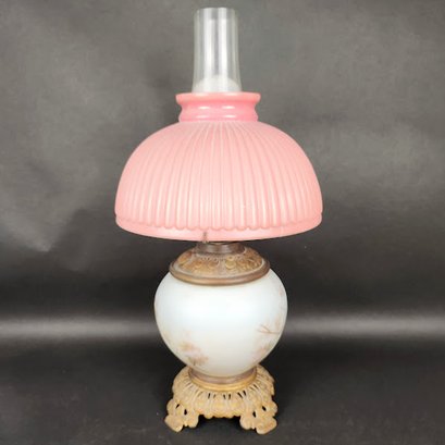 Antique Brass And Glass Lamp With Pink Shade