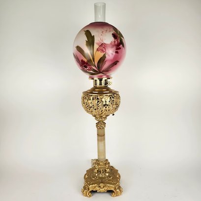 Brass And Agate Lamp With Painted Glass Globe Shade