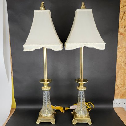 Pair Brass And Crystal Tall Lamps With Shades
