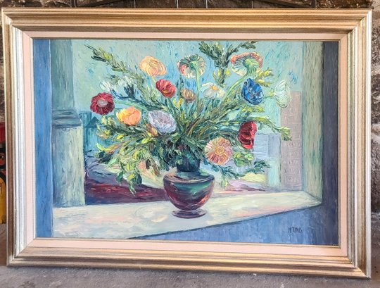 Oil Painting By M. Tomas Framed Still Life Floral - Nicely Framed