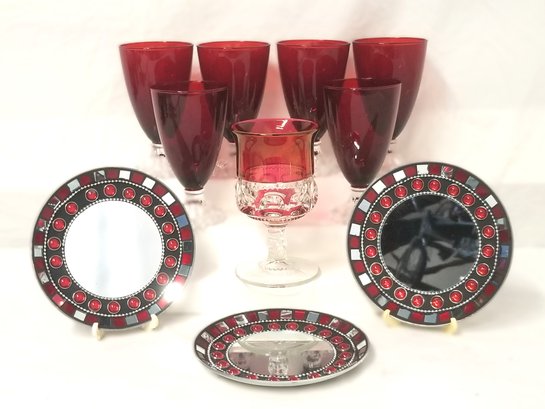 Vintage Anchor Hocking Red Ruby Boopie Goblets, King's Crown Thumbprint Goblets & Jeweled Trinket Candle Dishe