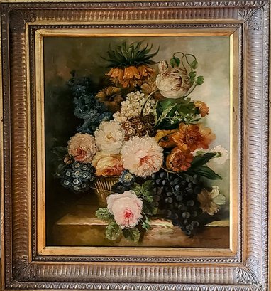 Beautiful Vintage Floral Still Life Painting With Fluted Gold Leaf Frame