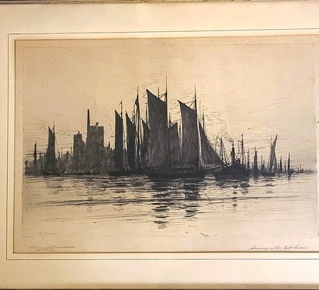 'Evening On The East River' - Signed Etching By Henry Farrer