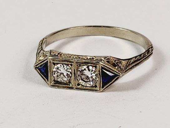 Gorgeous .....Antique 18k White Gold Diamond Blue Sapphire Stone Detailed Design  Ring