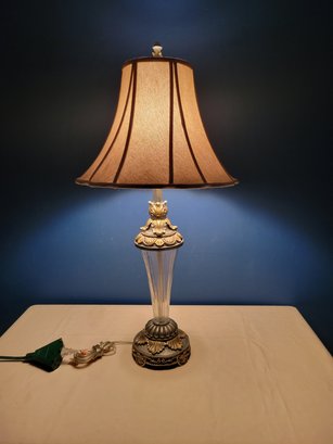 Table Lamp With Glass Base And Canvass Shade. - - - - - - - - - - - - - - - - - - - - - - - - - Loc: Fireplace