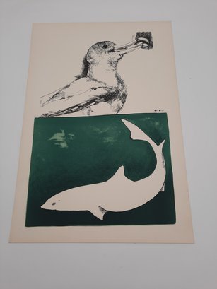 Leonard Baskin Moby Dick Suite Original Color Lithograph- Titled 'Seagull And The Shark'