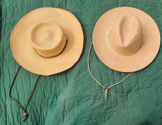 Two Sun Hats With Chinstraps (Hat On Right Genuine Panama Hand-woven In Ecuador)