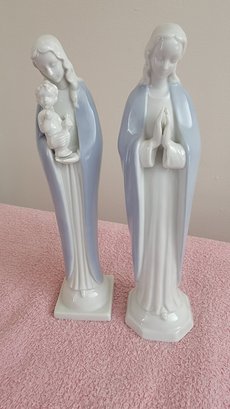 Two Vintage Blue And White Madonna Figures.