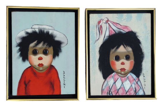 Pair Framed Bollini Signed Original Oil Paintings Wide Eyed Clown Children