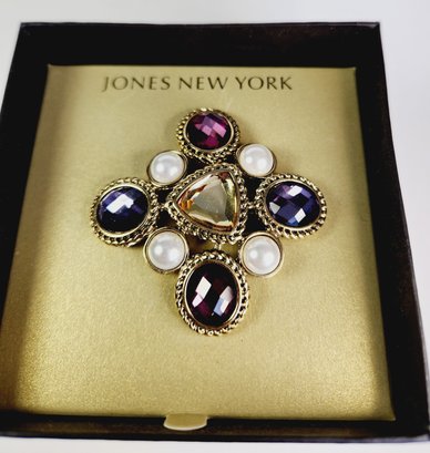 New.....Vintage Gold Tone Jones New York Multi Stone Pin / Brooch In Box