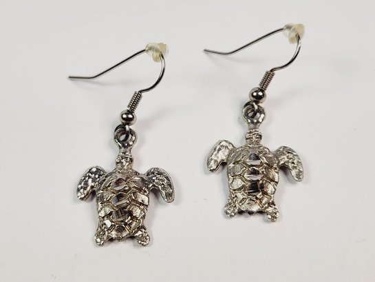 Vintage Silver Tone  Sparkling Turtle Hanging Earrings