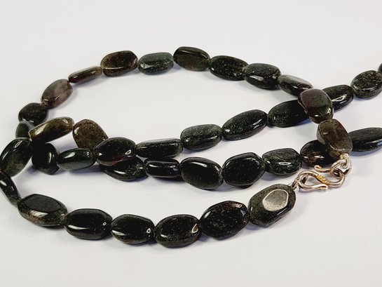 New Sterling Silver Dark Green Marble Stone  Beaded Necklace
