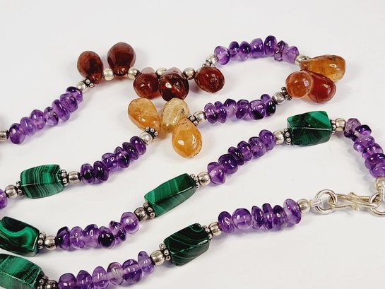 New Sterling Silver MALACHITE, Amethyst  &  AMBER  Beaded Necklace