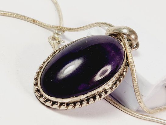 Vintage Sterling Silver Large AMETHYST Stone Pendant And Necklace
