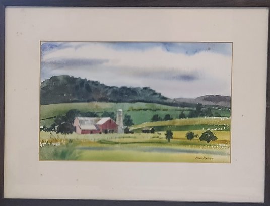 Nina Marino New England Country Farm Landscape Framed Watercolor Painting