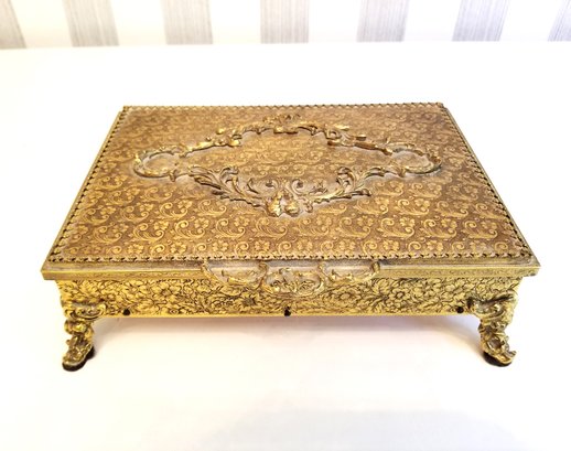 Vintage GLOBE 24K Gold Plated Ornate Footed Jewelry Box With Mirror