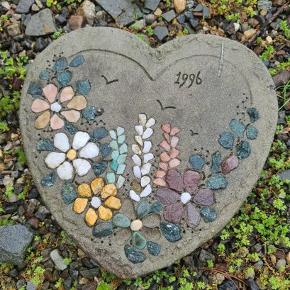 Cement Heart Stepping Stone With Inlaid Floral Design