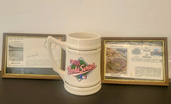 Oakland A's World Series Memorabilia - Framed Official Ticket From Game 3 1989, Postcard And Beer Stein