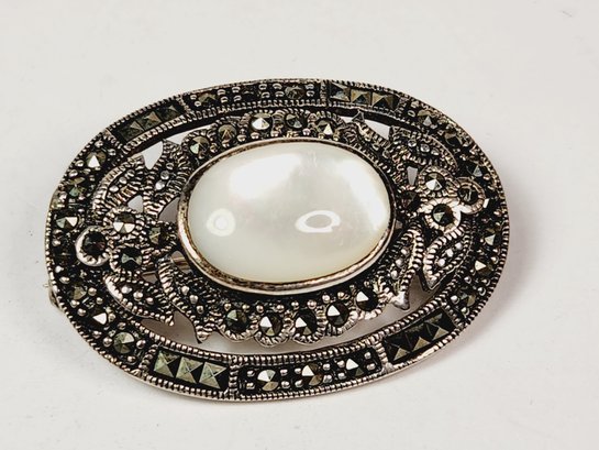 Antique Sterling Silver Marcasite  Moon Stone  Pin / Brooch