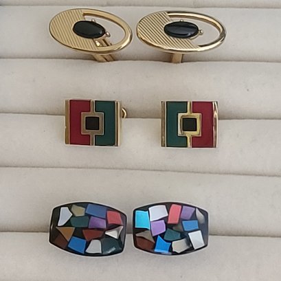 Three Pairs Of Vintage Cuff Links, Includes Swanky Pair With Onyx