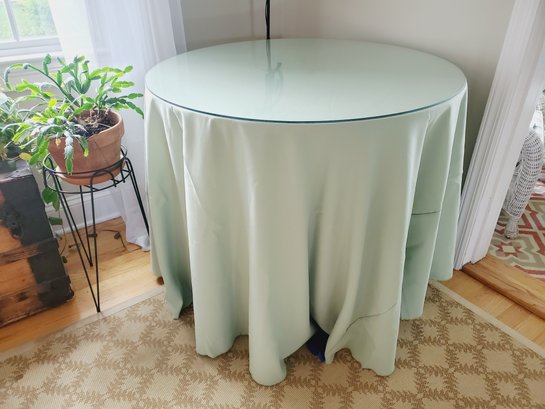 Round Particle Board Drape Accent Table With Glass Top