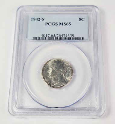 Silver WWII ..1942-S Jefferson Nickel PCGS MS65  Graded Slab