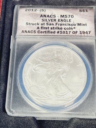 2012-S  American Silver Eagle ANECS Graded First Strike #1017 MS70 Graded Coin In Display Box