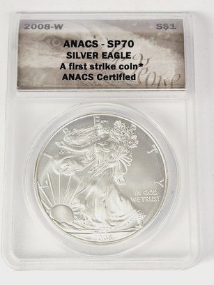 2008-W  American Silver Eagle ANECS Graded First Strike SP70 Graded Coin In Display Box