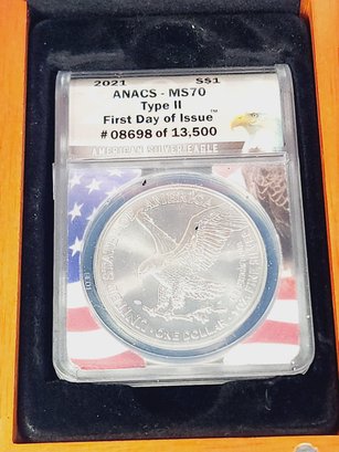 2021 Type 2  American Silver Eagle ANECS MS70 Fist Day Issue Graded Coin In Display Box
