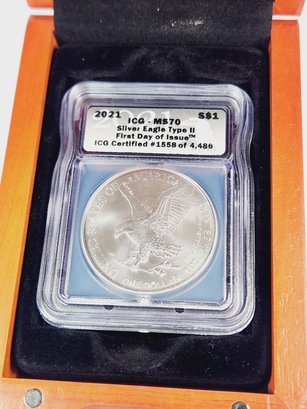 2021 American Silver Eagle ICG -  First Strike  MS70 Graded Numbered Coin In Display Box
