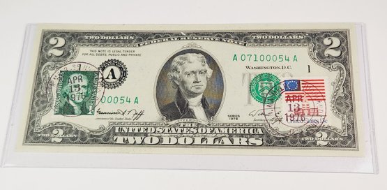 1976 First Day Of Issue April 13th Stamped Uncirculated $2 Dollar Bill