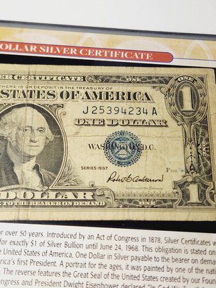 2 Pcs----- $1 Dollar Bills 1957 Silver Cert. Blue Seal  & 1963 Federal Reserve Note In History Folder