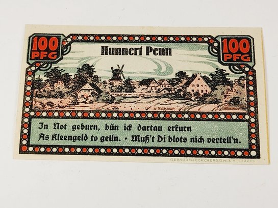 ANTIQUE .... 1920s Notgeld 100 Pfennig Bank NoteGerman For 'emergency Money'