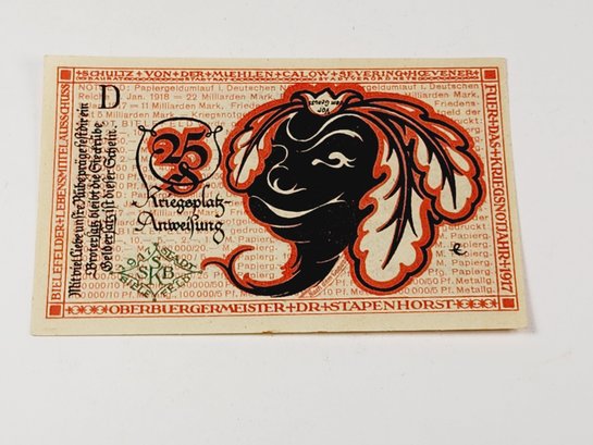 ANTIQUE .... 1920s Notgeld 25 Pfennig Bank Note German For 'Emergency Money'