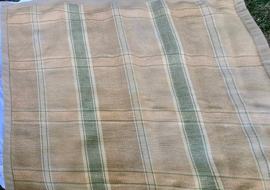 Cotton Flatweave Broadstripe Area Rug With Trim Binding - In Tan, Cream & Sage Green