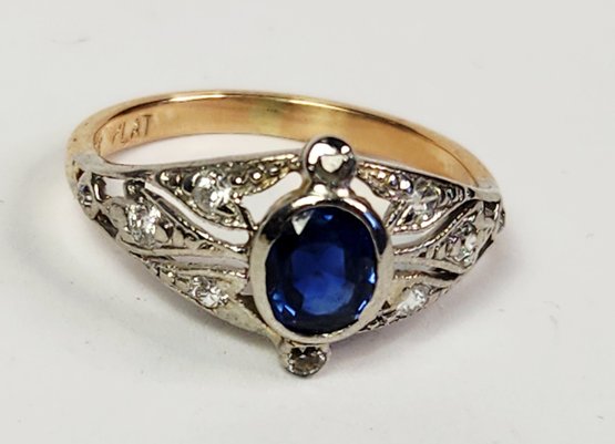 18k White And Yellow Gold And Platinum Diamond Sapphire Stone Antique Ring