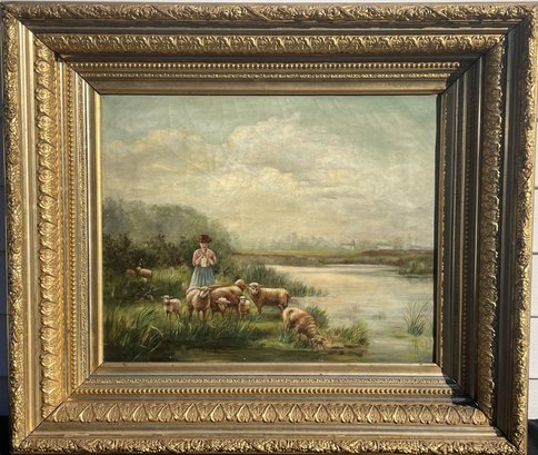 OIL ON CANVAS OF A WOMAN GRAZING SHEEP WHILE KNITTING